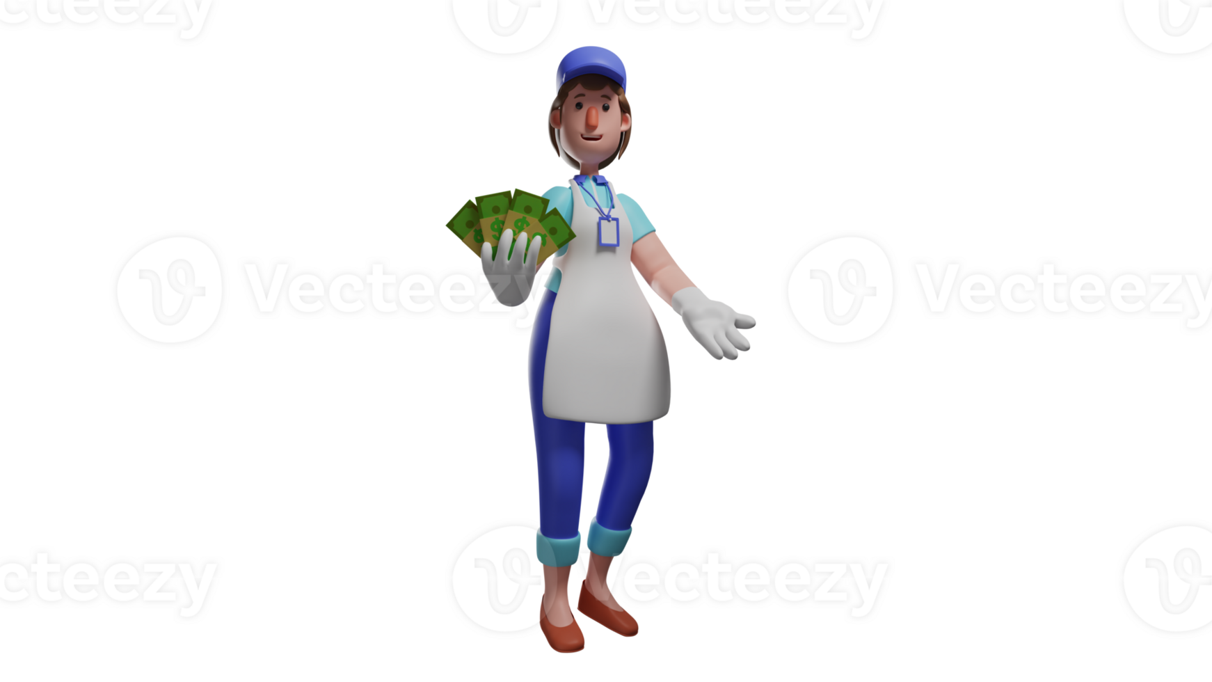 3D illustration. Servant 3D cartoon character. A good servant shows a lot of money he earns. The waiter showed a happy expression and spread his hands. 3D cartoon character png