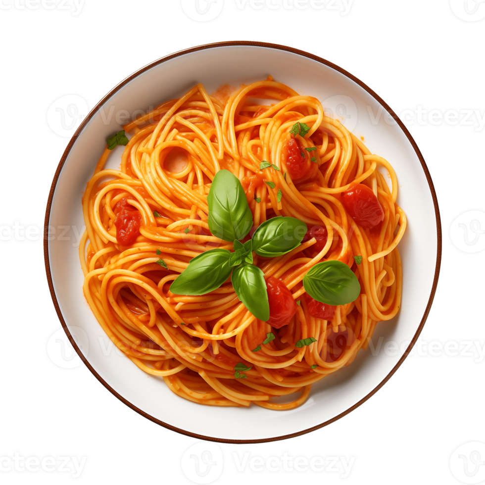 ai generiert ein Teller von Spaghetti oben Aussicht auf ein transparent Hintergrund, png