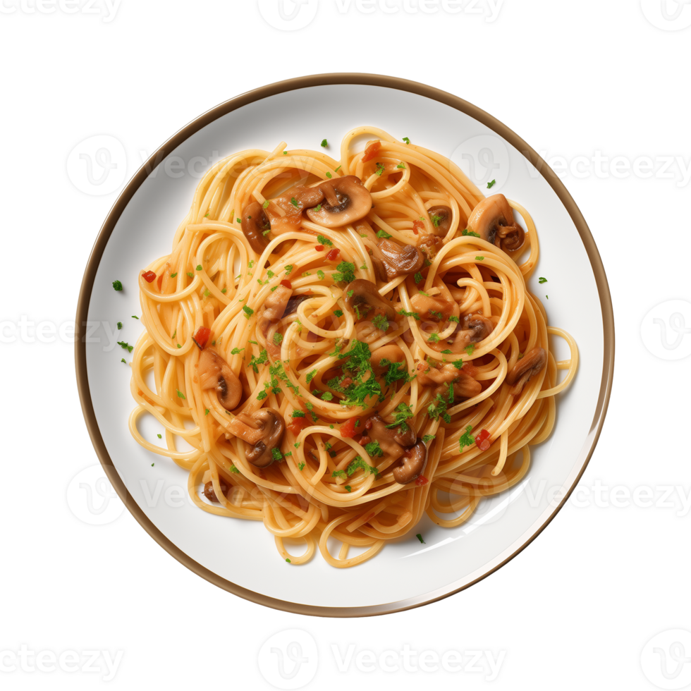 AI generated A plate of spaghetti top view on a transparent background, PNG