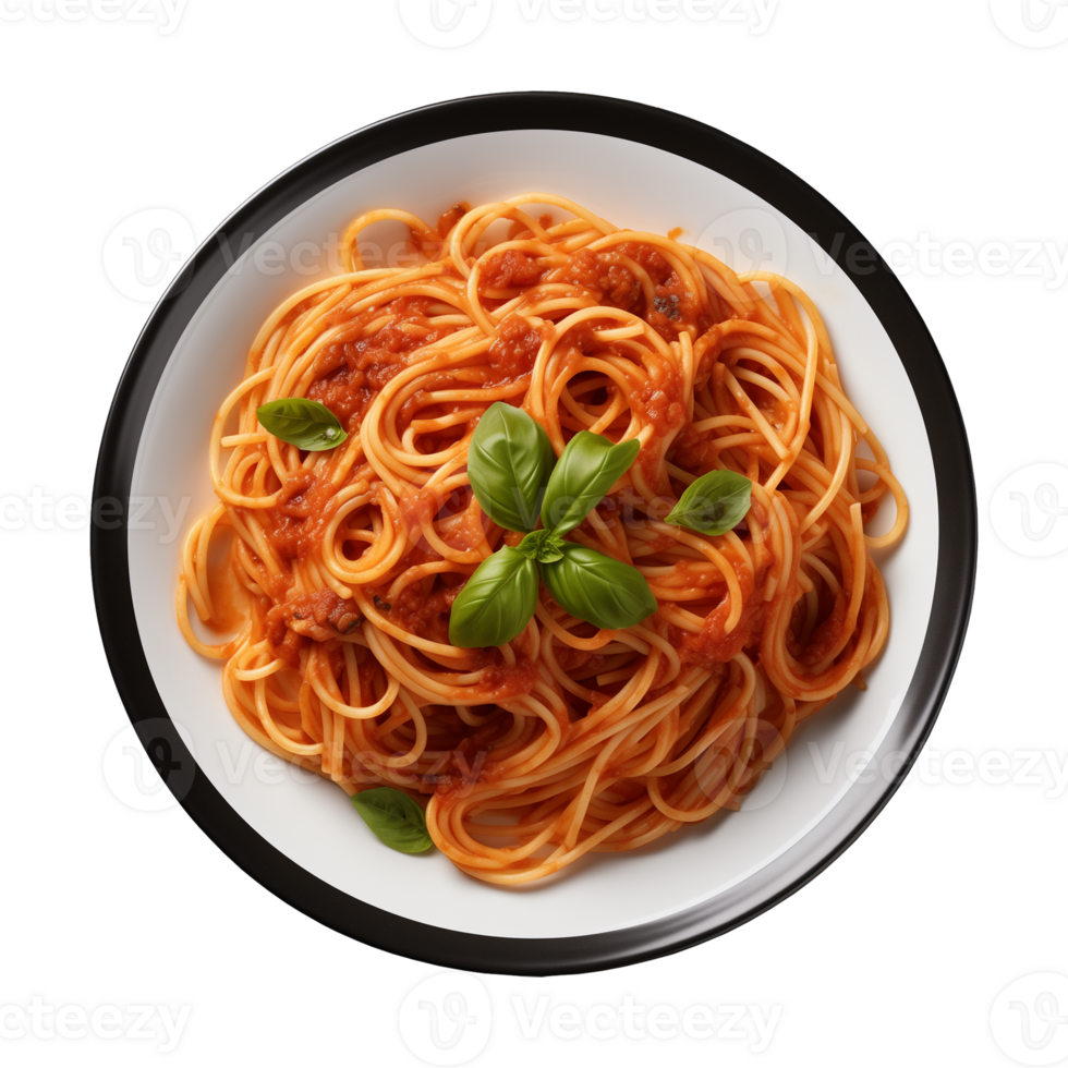 ai generiert ein Teller von Spaghetti oben Aussicht auf ein transparent Hintergrund, png