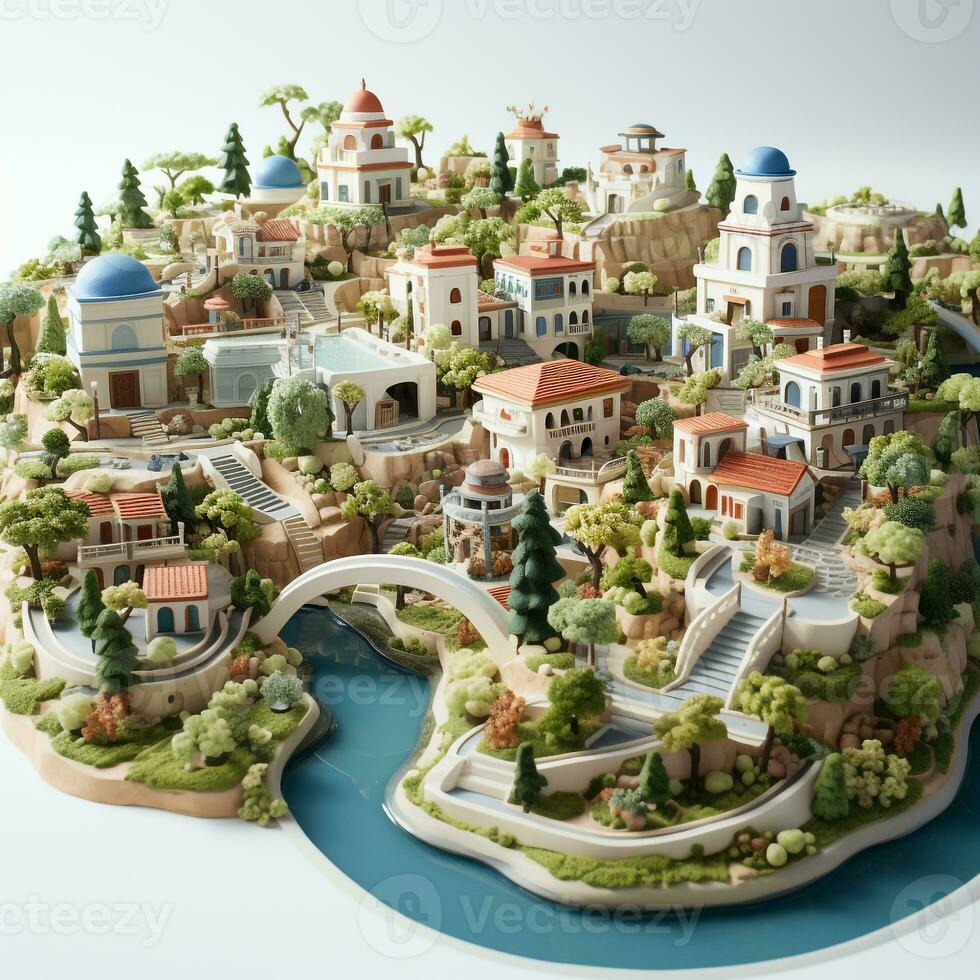 ai generado 3d miniatura pueblo modelo en un blanco antecedentes foto