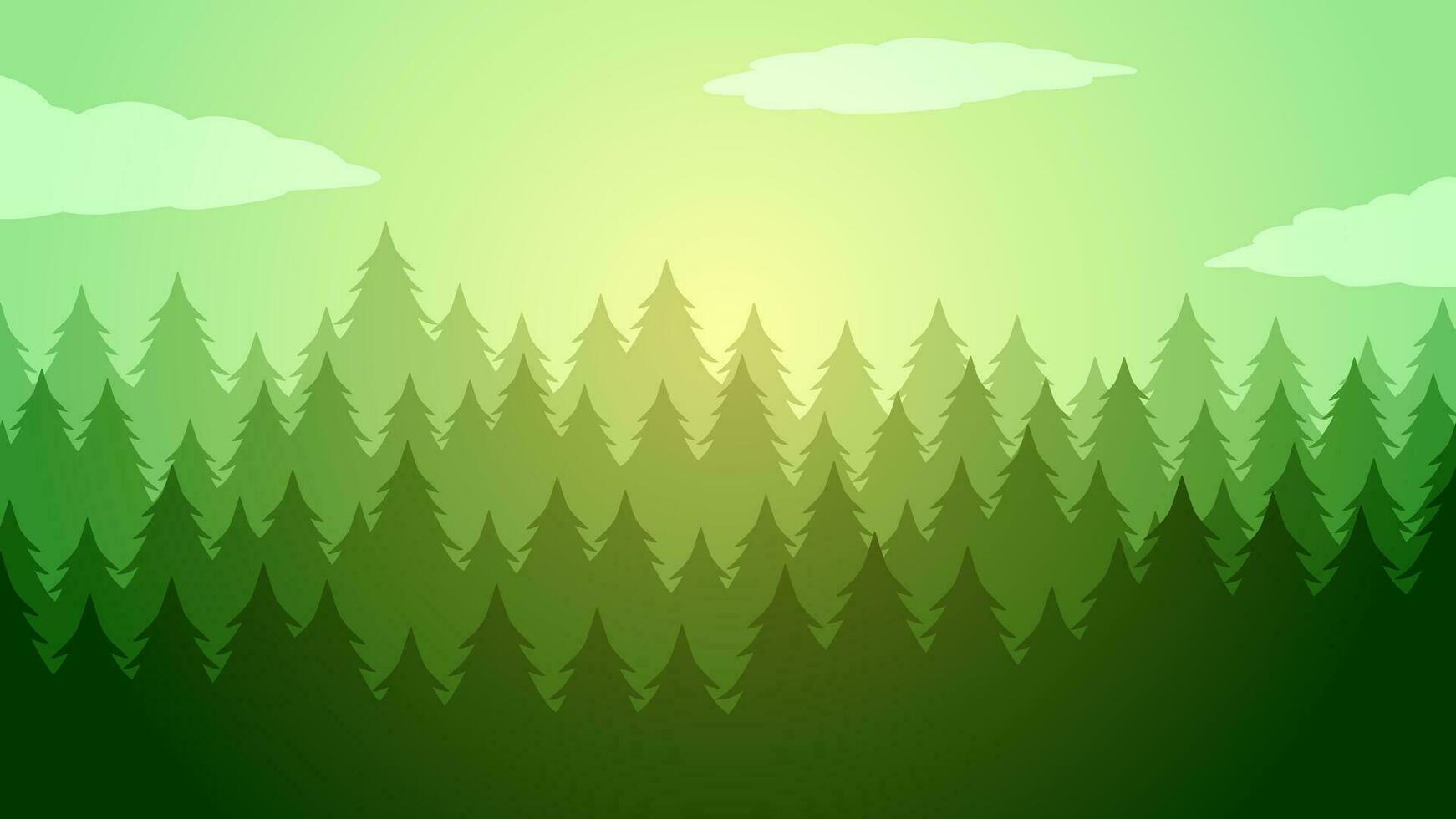 Pine forest landscape vector illustration. Scenery of coniferous forest in the morning with cloudy sky. Pine forest landscape for background, wallpaper or illustration