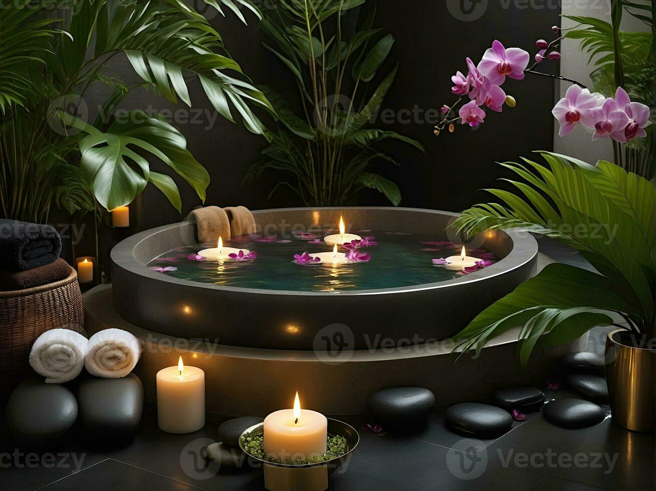 AI generated Spa treatment aroma therapy with candles, Stones and flowers for relax wellness. photo