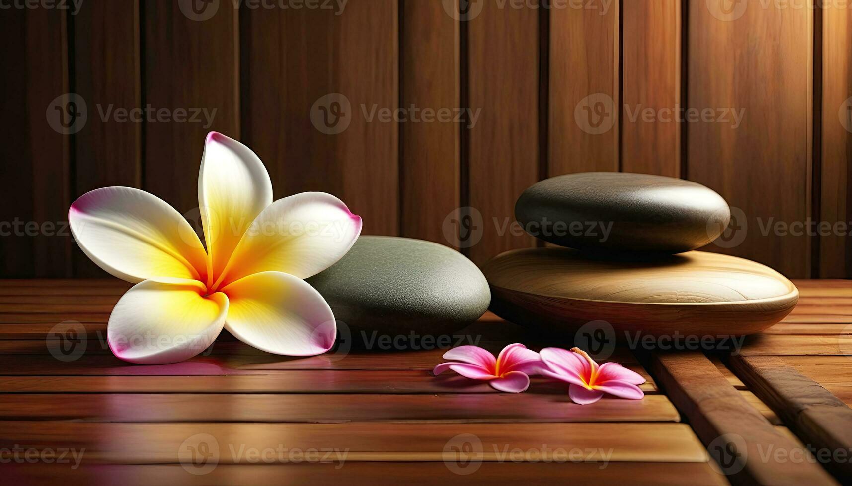 AI generated Spa treatment aroma therapy with candles, Stones and flowers for relax wellness. photo