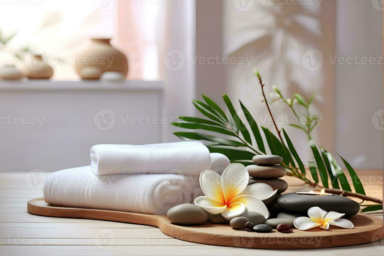 AI generated Spa treatment aroma therapy with candles, Stones and flowers for relax wellness. photo