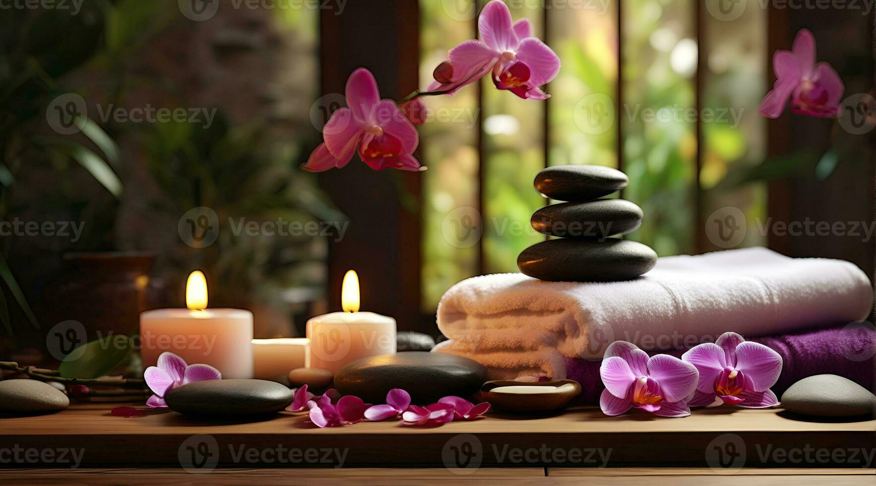 AI generated Spa treatment aroma therapy with candles, Stones and flowers for relax wellness. photo