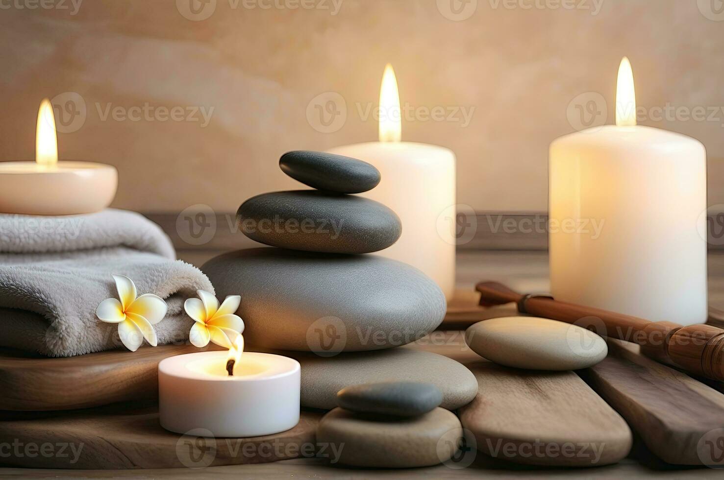 ai generado spa tratamiento aroma terapia con velas, piedras y flores para relajarse bienestar. foto