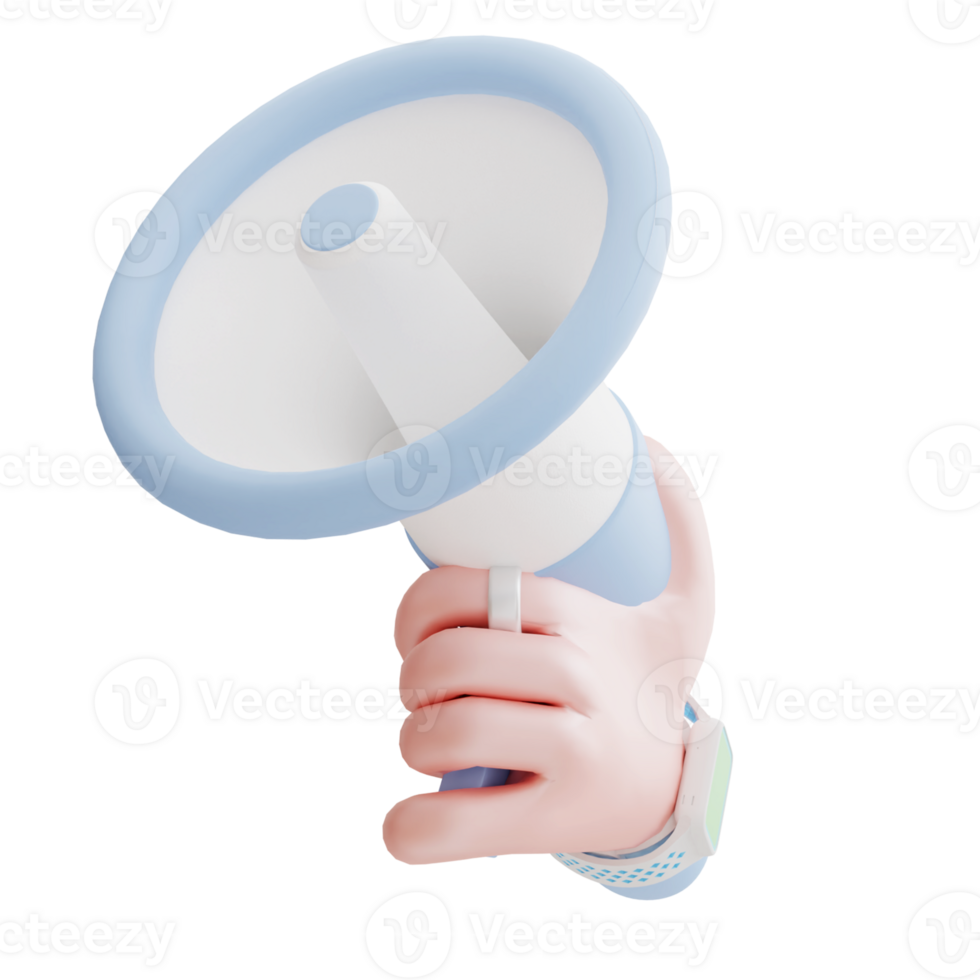 3D Illustration of hand holding megaphone on transparent png background, Promotion advertising loudspeaker concept.