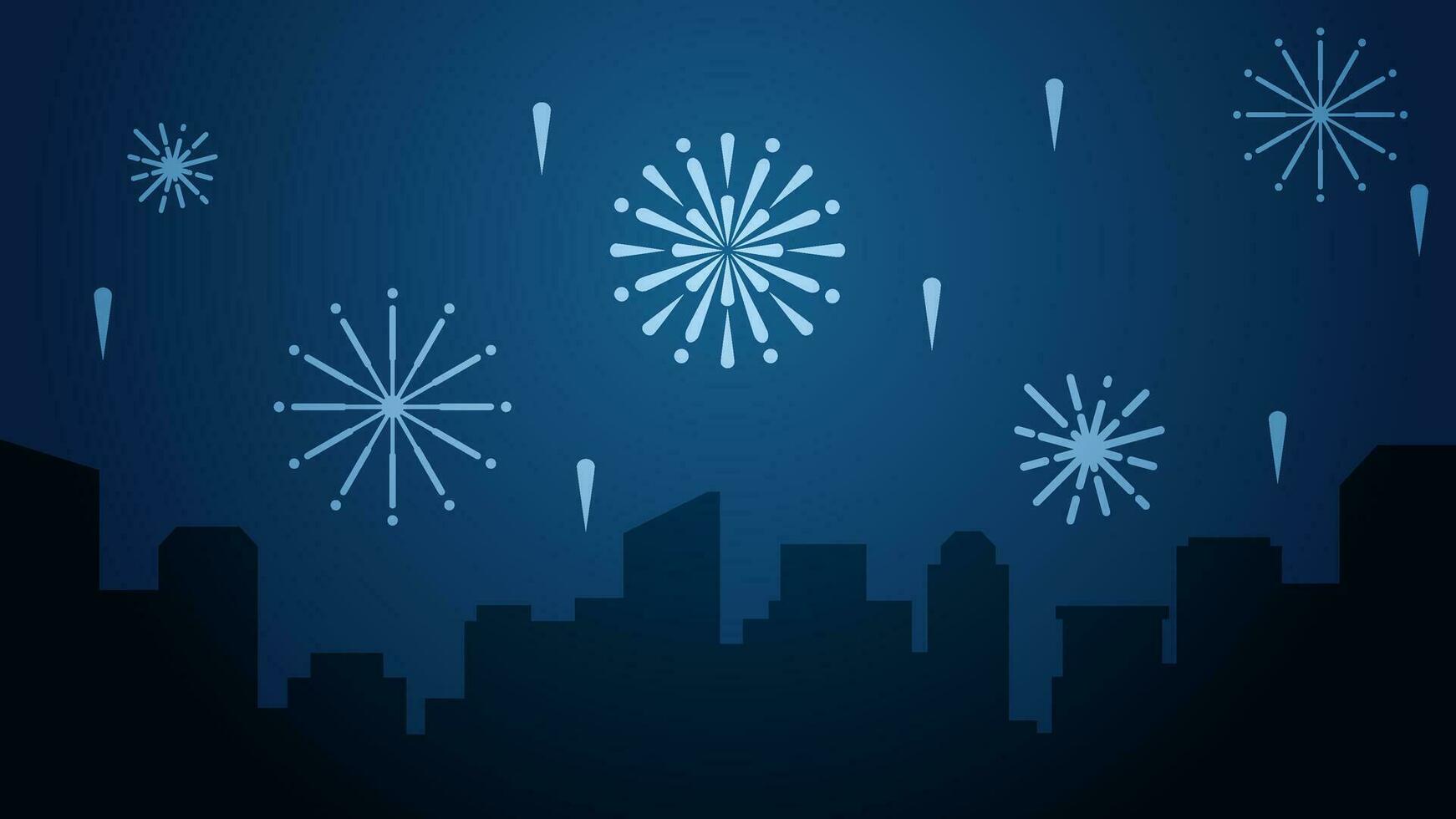 New year cityscape vector illustration. Scenery of city with sparkling fireworks in new year event. City landscape for illustration, background or wallpaper. City silhouette in the firework festival