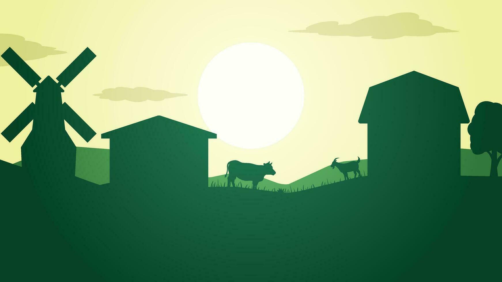 Farmland silhouette landscape vector illustration. Scenery of livestock cow and goat in the countryside farm. Rural landscape for illustration, background or wallpaper