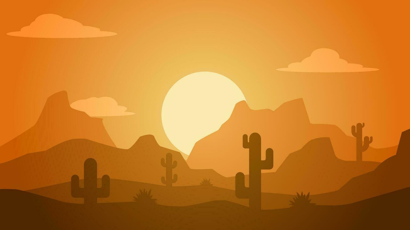 Desert landscape vector illustration. Scenery of rock desert with cactus and butte stone. Wild west desert landscape for illustration, background or wallpaper