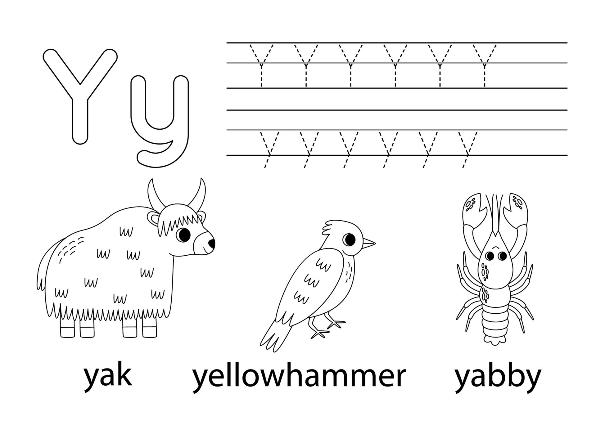 Trace uppercase and lowercase letter Y. Animal alphabet for kids