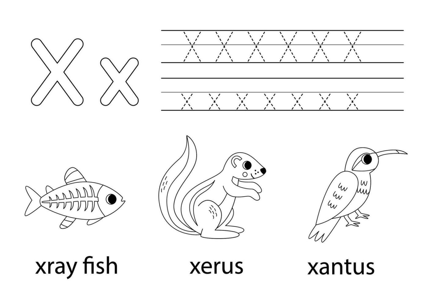 Trace uppercase and lowercase letter X. Animal alphabet for kids. vector