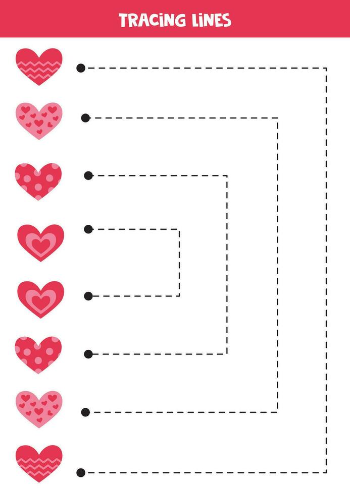 Tracing lines for kids. Cute cartoon valentine day pink hearts. Handwriting practice. vector