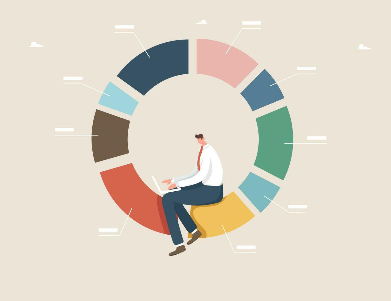 Man sitting with laptop on pie chart vector