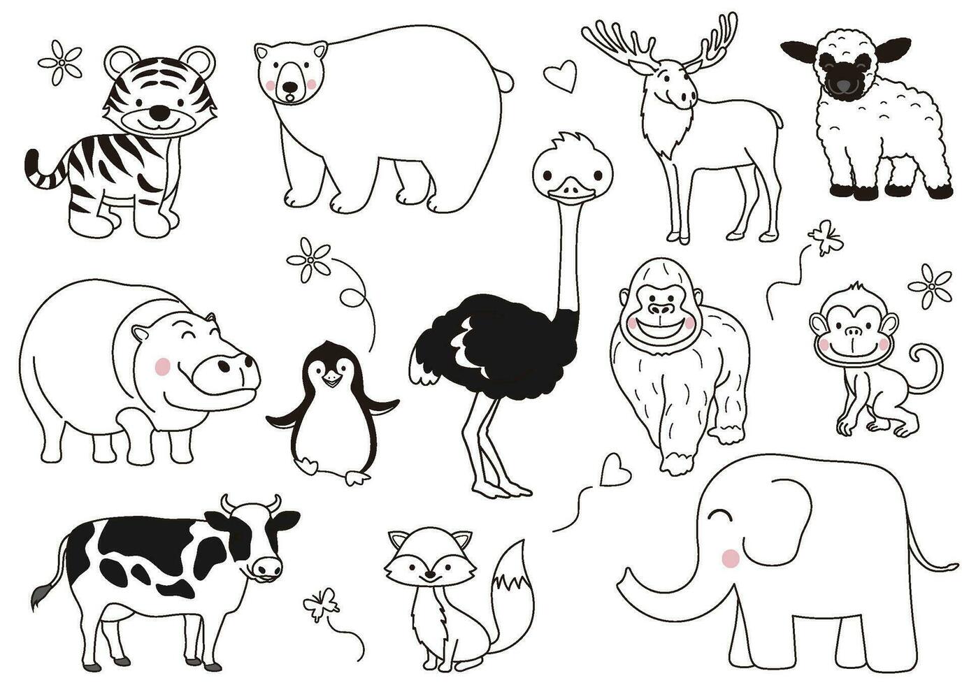 dibujado a mano linda caricaturesco animales vector ilustración conjunto aislado en un blanco antecedentes.