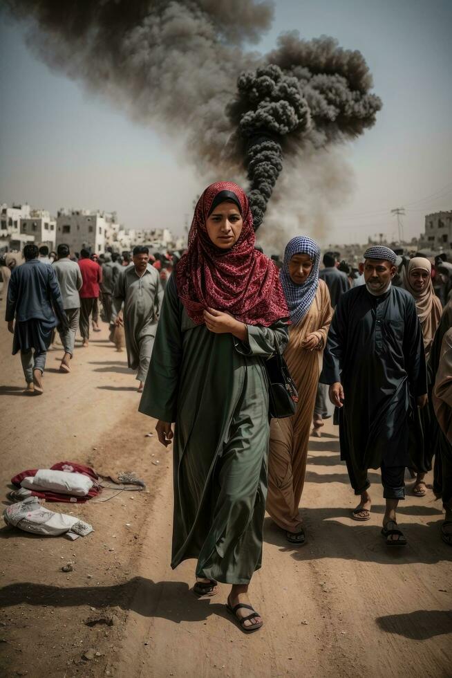 ai generado mujer y otro personas caminando en el calles de Palestina durante Israel Palestina guerra foto