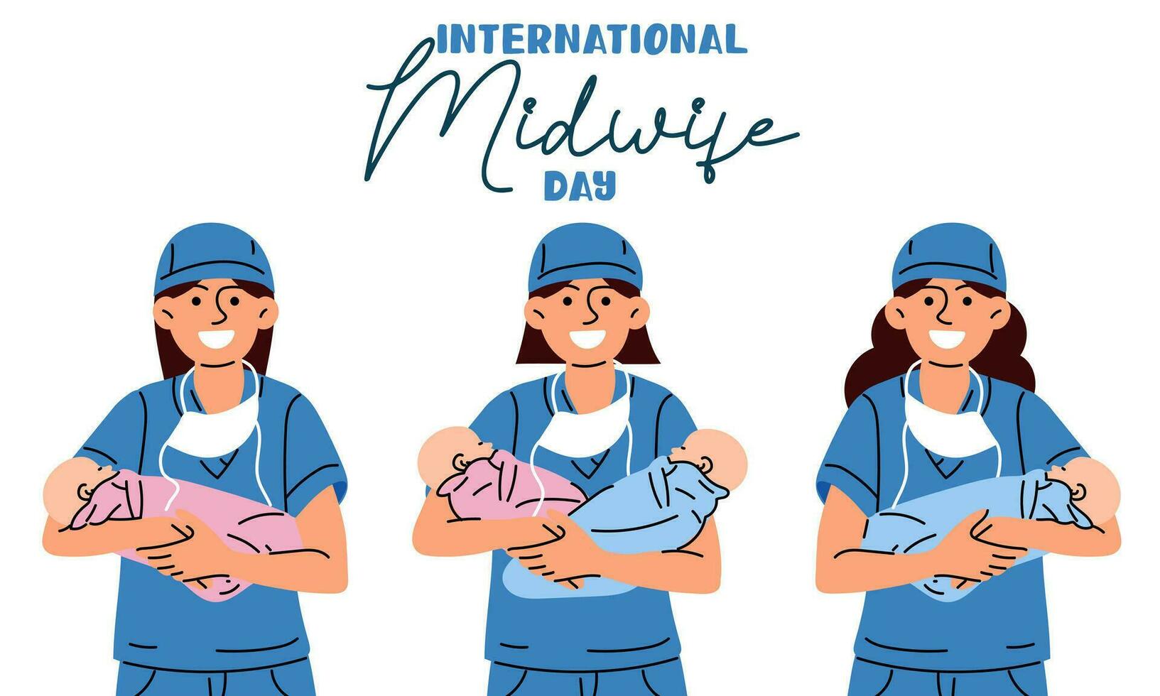 International Day of Midwives is celebrated annually on May 5. Midwife, a medical professional who cares for mothers and newborns during childbirth. Medical uniforms, nurses, twins, children. Vector
