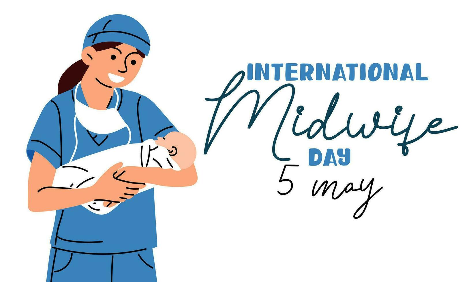 The International Day of Midwives is celebrated annually on May 5. Midwife, a medical professional who cares for mothers and newborns during childbirth. The midwife holds the newborn. Vector image