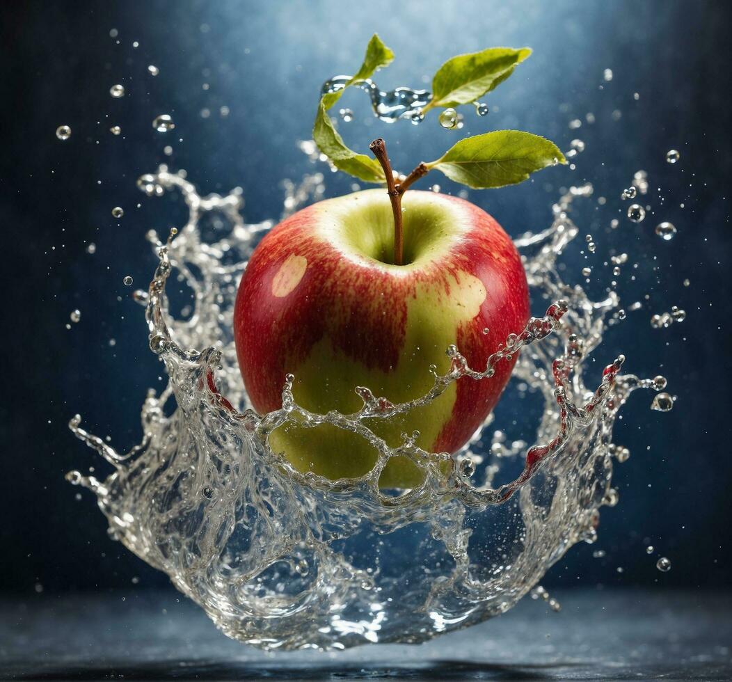 AI generated Fresh apple with water splash on dark background. Healthy food concept. photo