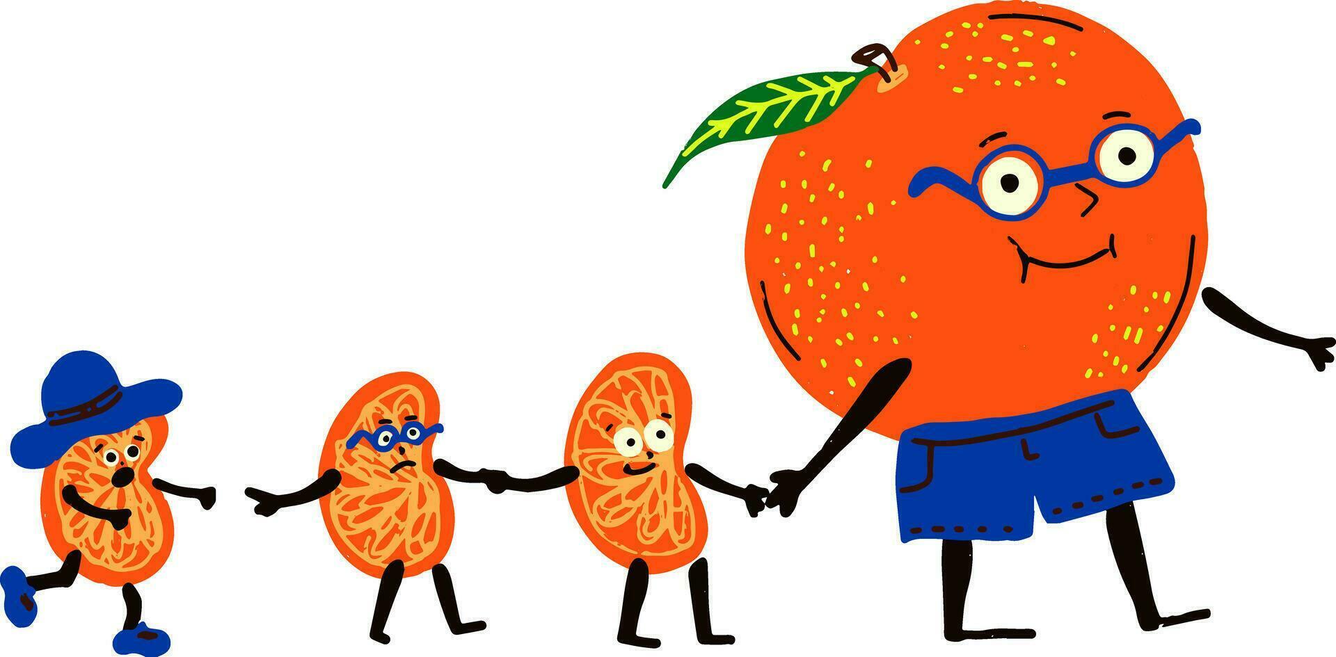 an orange with three children walking with an orange vector