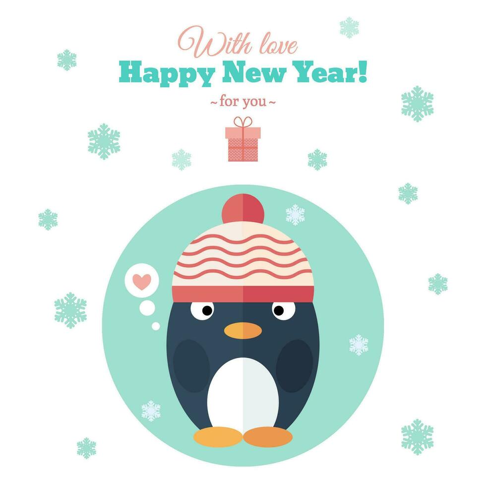 Winter card with penguin in knitted pink hat and snowflakes vector