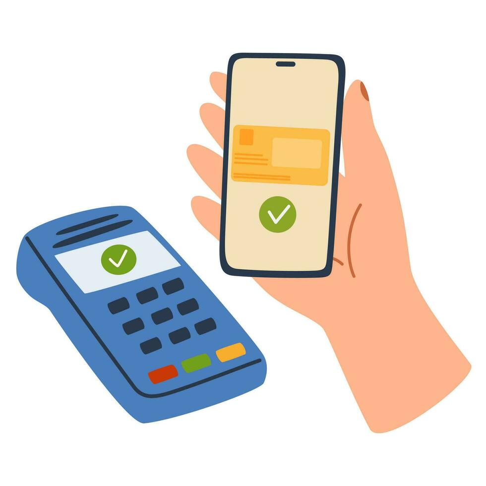 Person pays for a purchase by phone. Contactless cashless wireless payment set. Hands paying with bank debit cards, POS terminal, QR scanner, mobile phone app and smart watch. Flat vector illustration