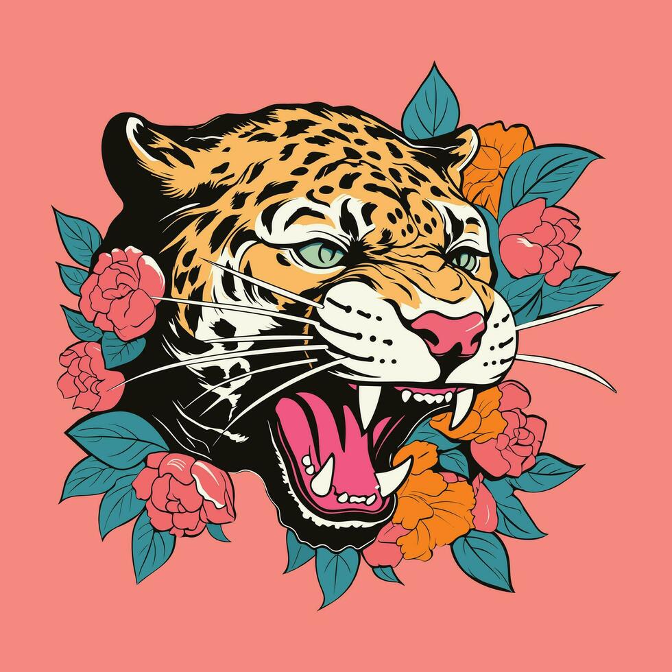 un imagen de un leopardo cabeza con rosado flores en el estilo de juguetón vector ilustraciones