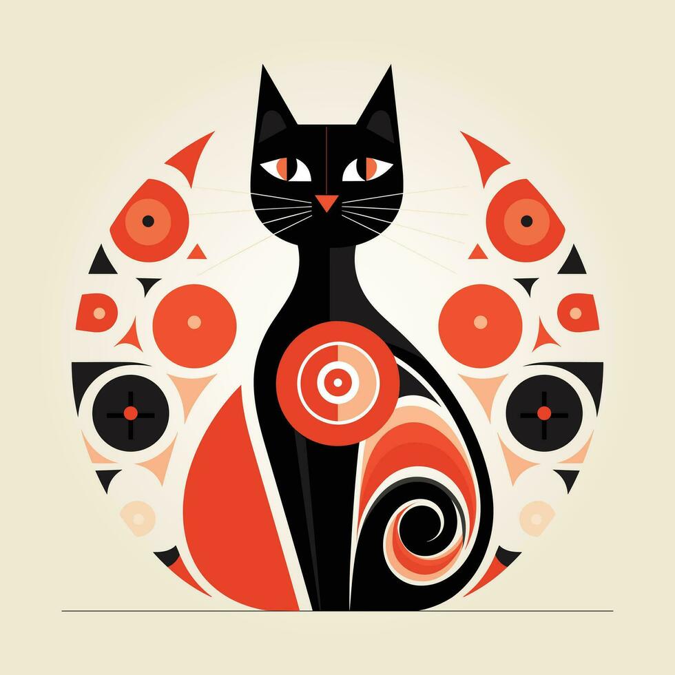 Colorful abstract cat in geometric shapes vector illustration with round patterns