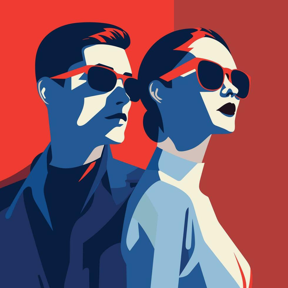 Young beautiful fashion man and woman looking with sunglasses vector illustration