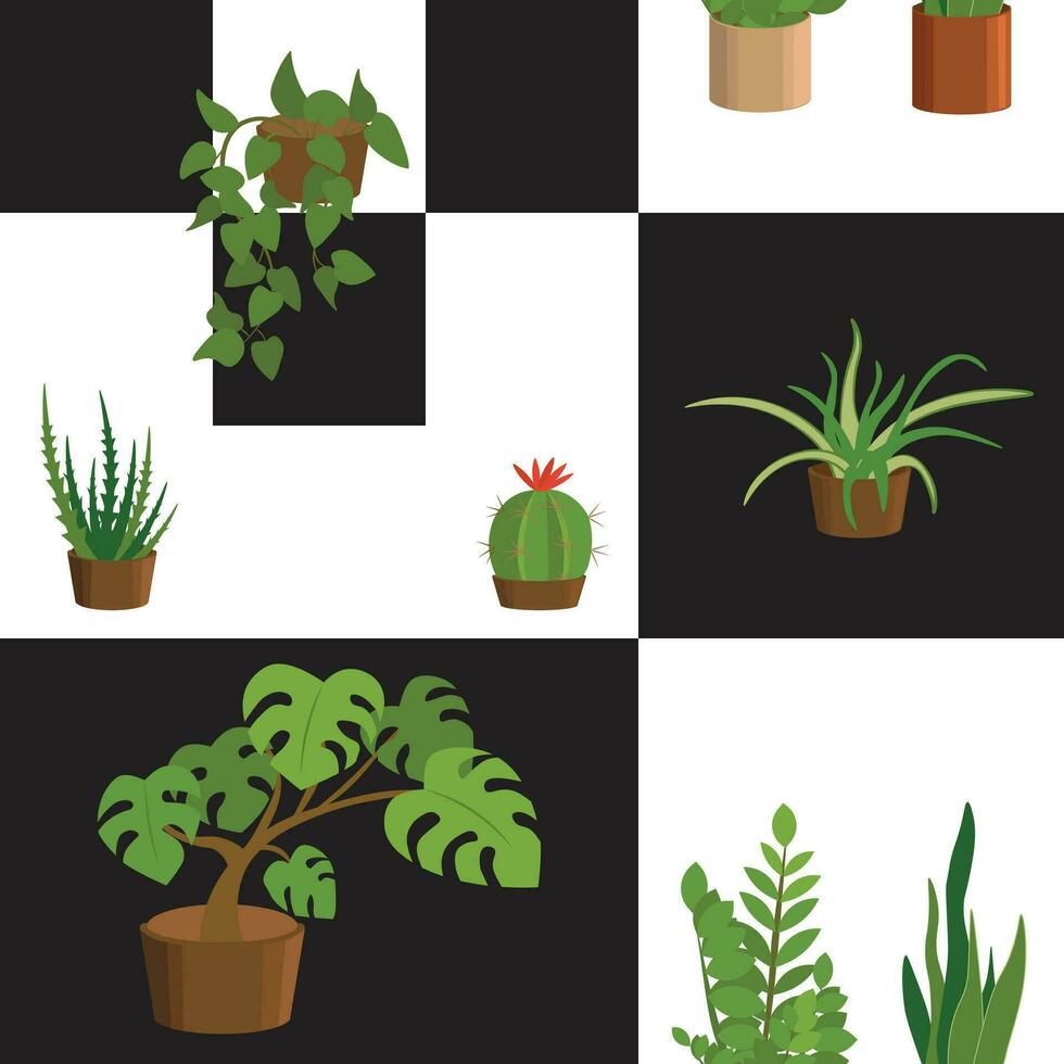 Vector seamless pattern of potted plants on black and white colorblock. Background, wallpaper, paper or textile print.