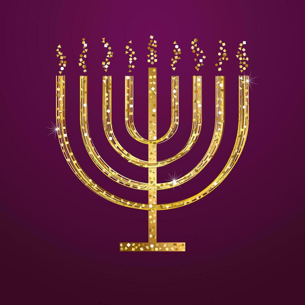 Golden candle. Religious symbol. Glittering shiny design. Happy Hanukkah social media poster. vector