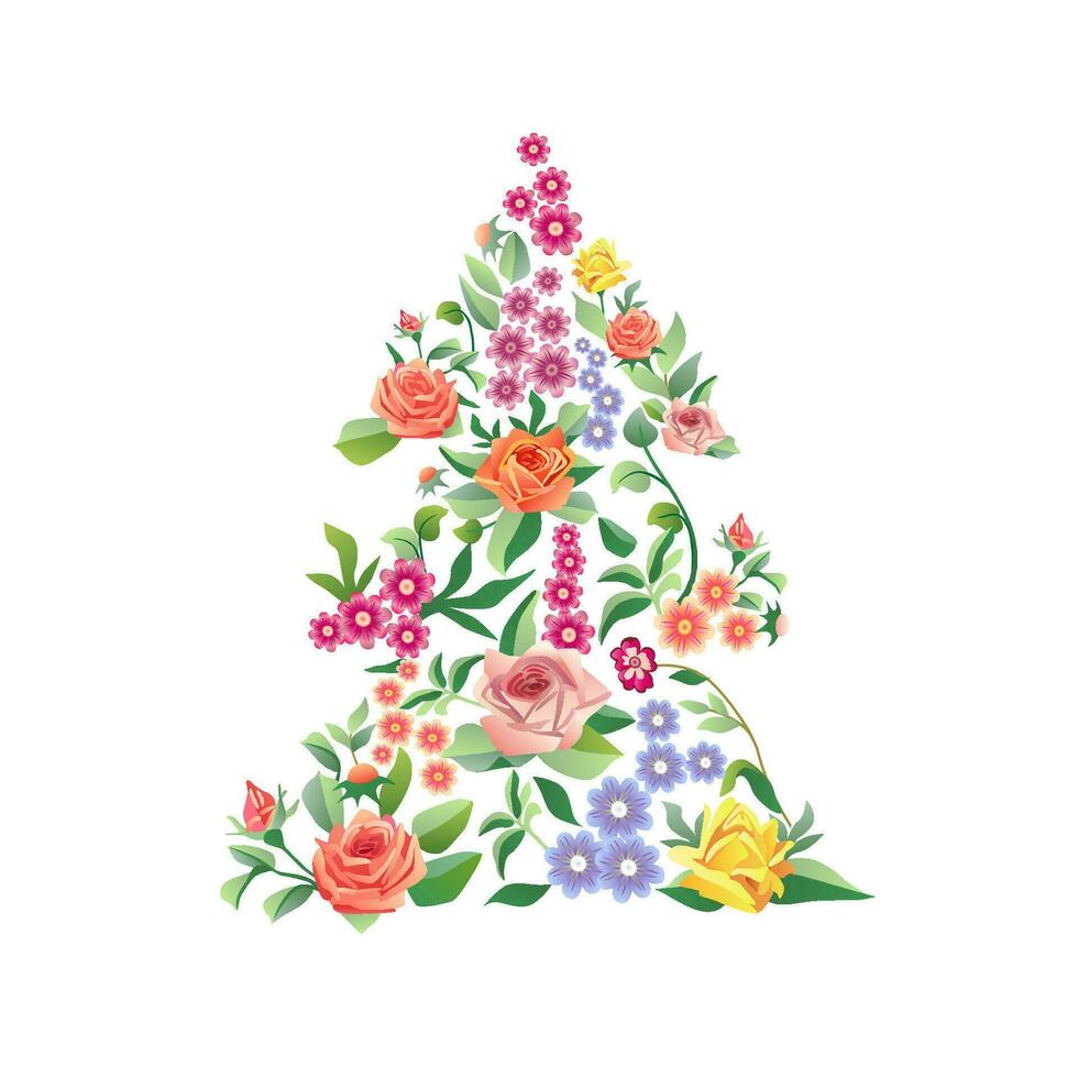 Creative floral Christmas tree. X mas decoration. Set of vintage roses. Leaves and flowers backdrop. Ethnic pattern. Decorative banner. Advertising idea. Graphic design. Happy New Year postcard. vector