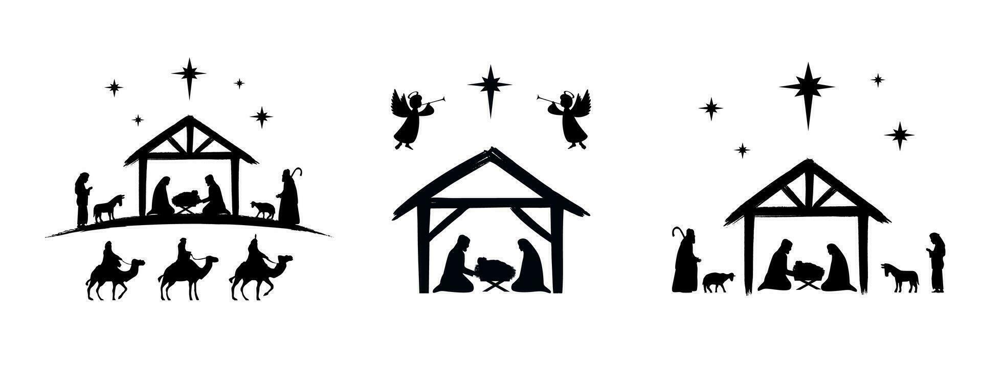 Set of holy Christmas scene, christian Nativity silhouettes. vector