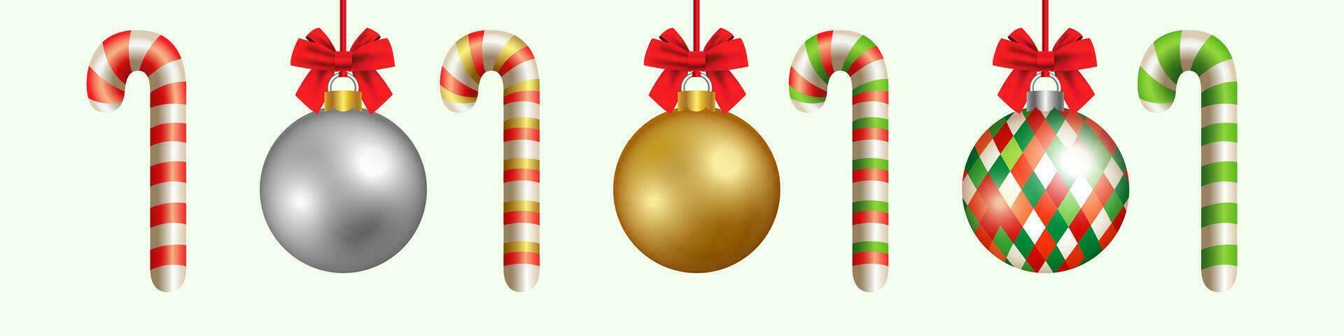 Set of Christmas decorations. X mas ball, bow knot and candy cane. 3D design. vector