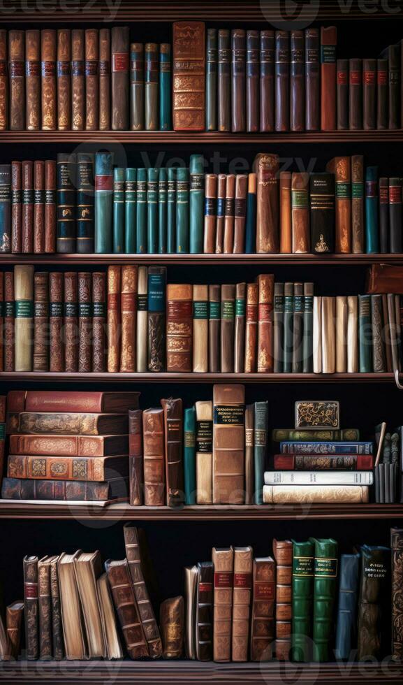 AI generated A vintage wooden bookshelf with old books. Vertical background photo