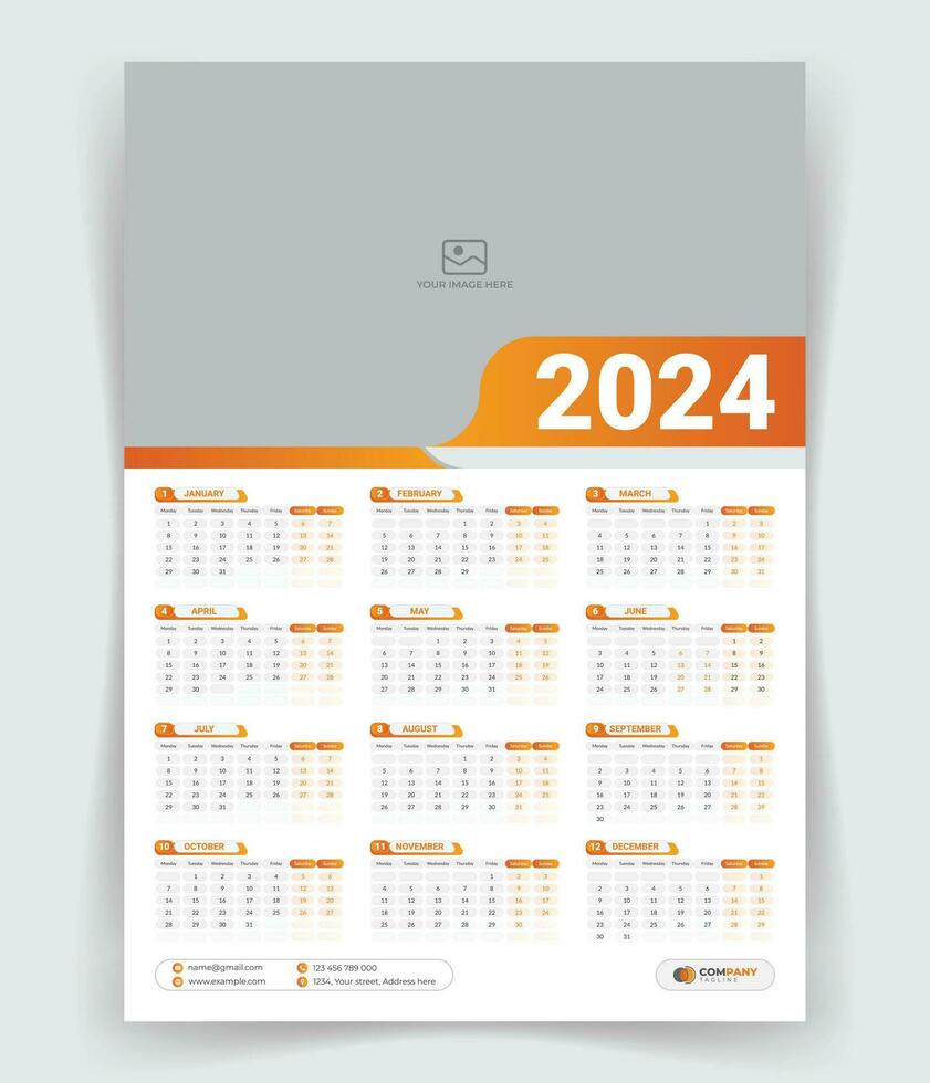 2024 una página pared calendario diseño plantilla, moderno editable 12 meses una página calendario vector