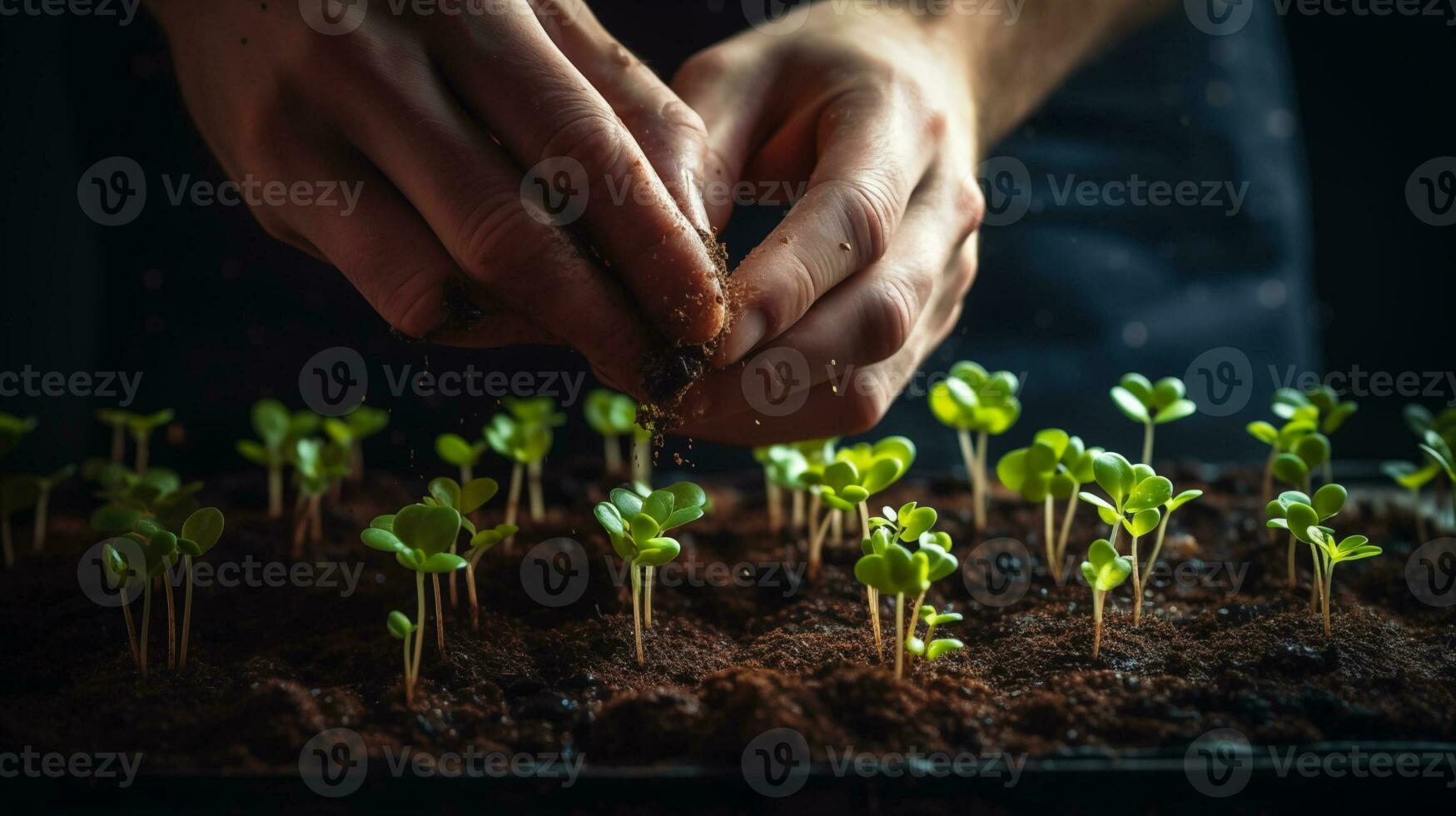 AI generated Home grown microgreens in a wooden container on a wooden table. Macro photography. Horizontal format. AI Generated photo