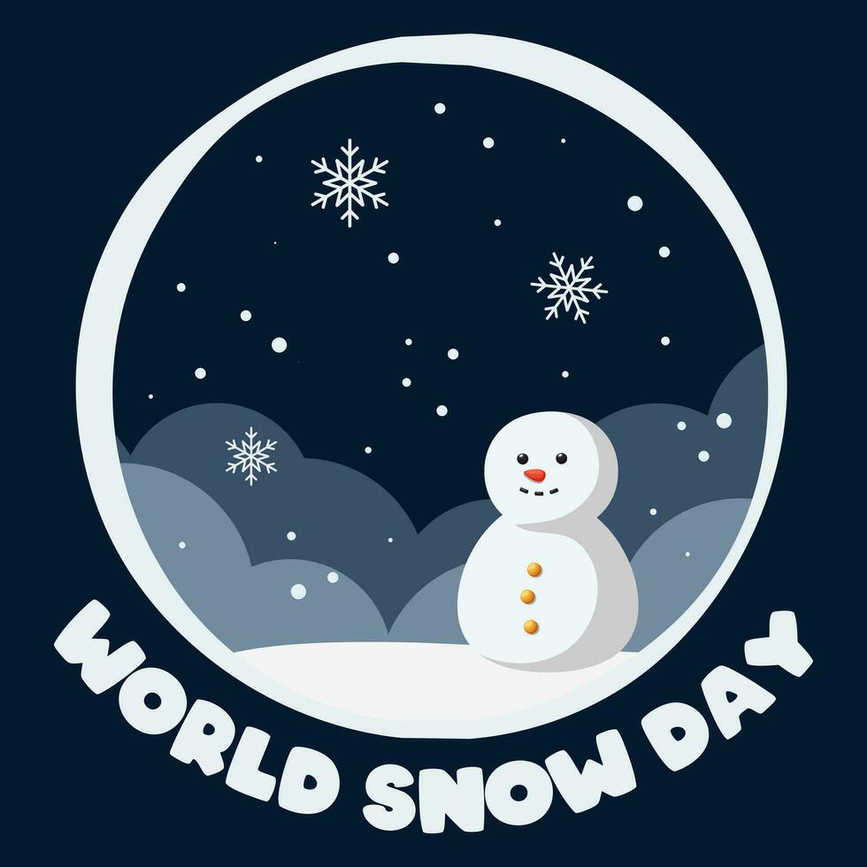 Greeting card with text World Snow Day. Dark background with snow, snowdrifts and snowman. Vector illustration in cartoon style