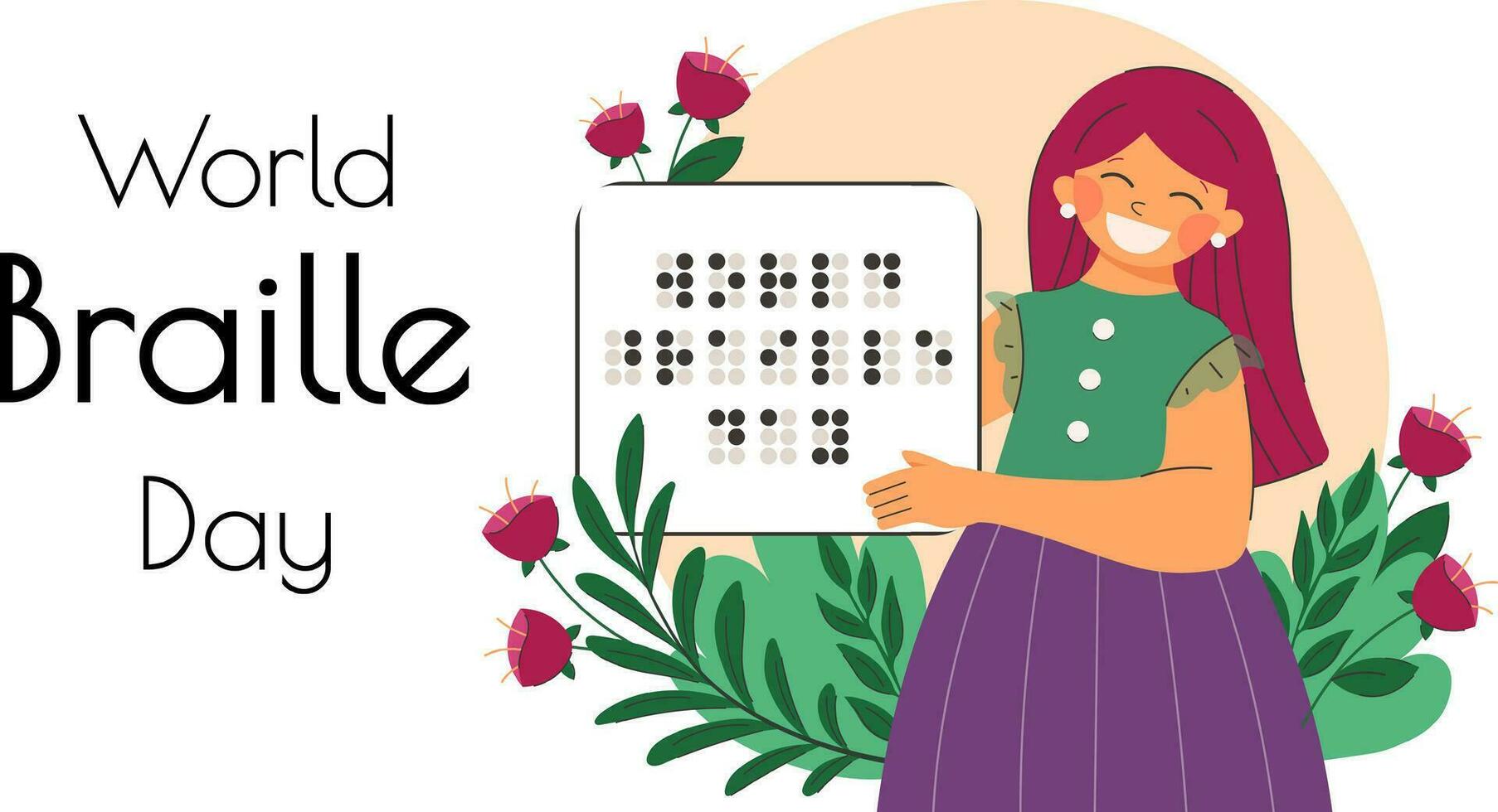saludo tarjeta para mundo braille día. mujer sostiene papel con Felicidades braille en flores vector ilustración en plano estilo