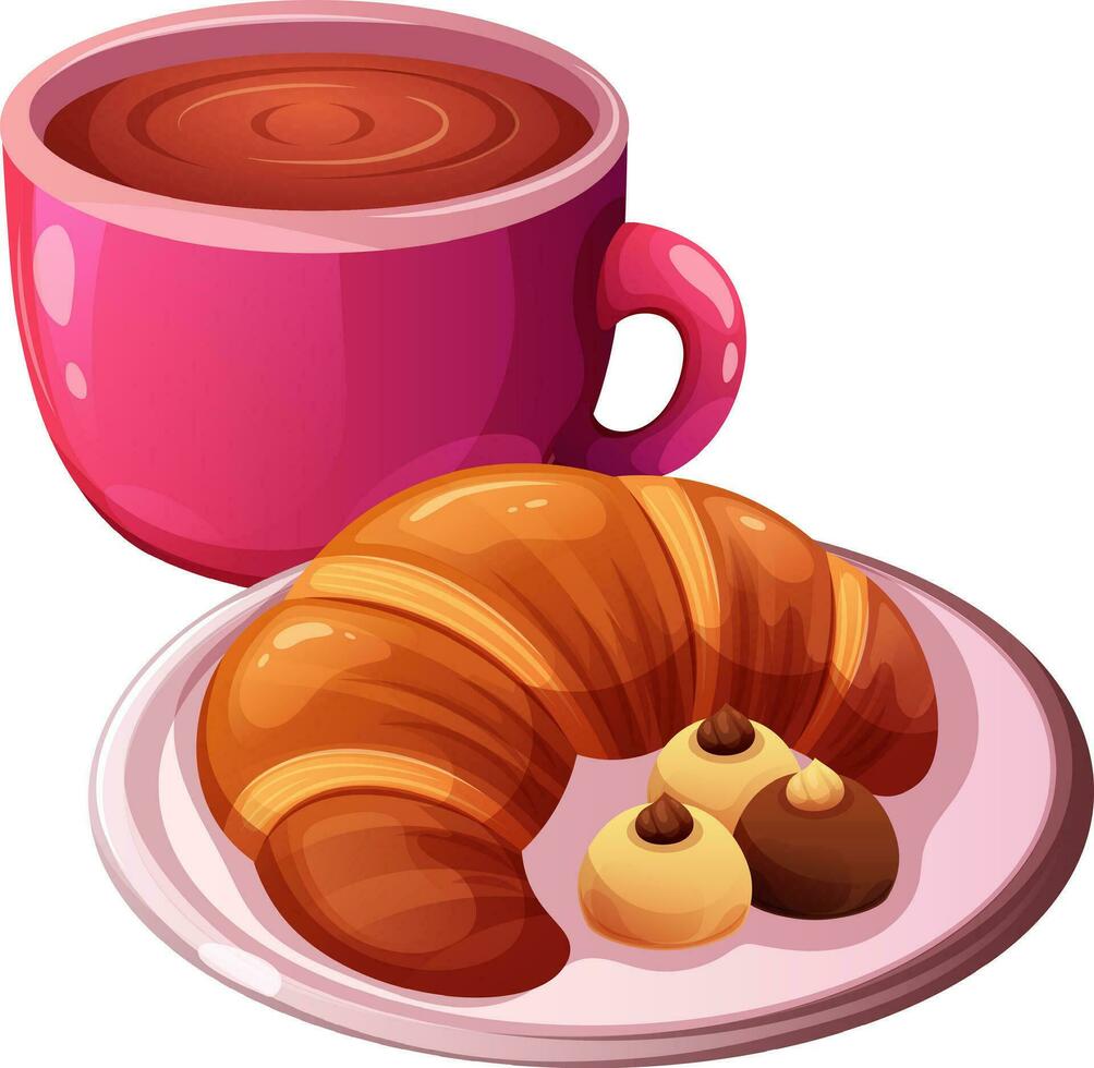 Croissant with chocolates on white plate and cup of hot drink. Concept of breakfast, French pastries. Vector illustration in cartoon style