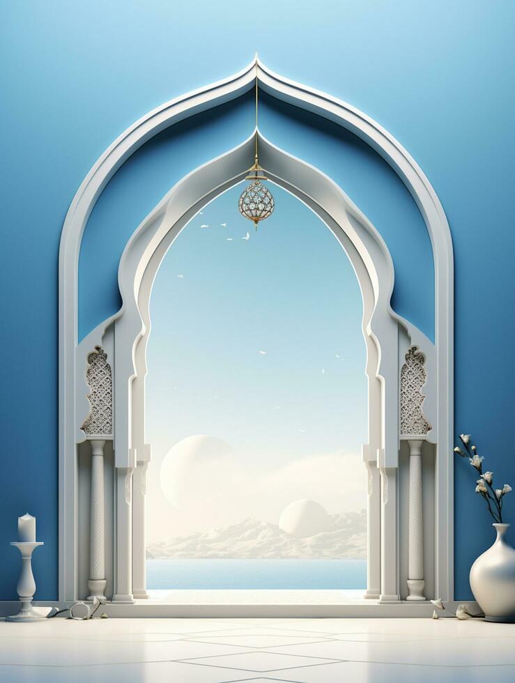 AI generated Islamic eid mubarak greeting card with islamic background photo