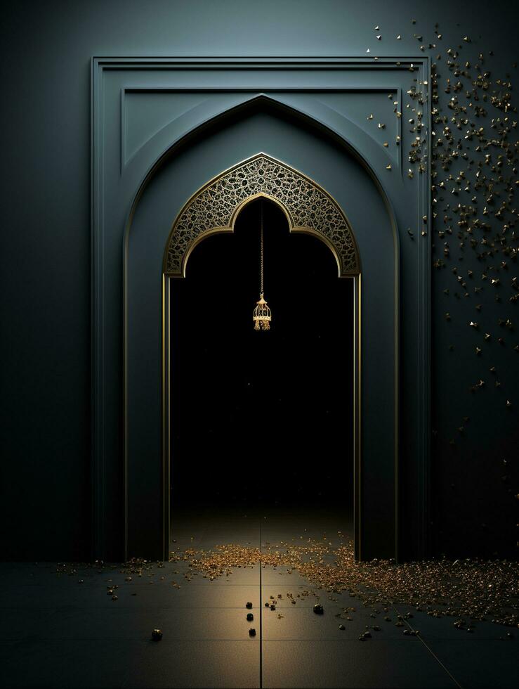 AI generated Islamic eid mubarak greeting card with islamic background photo