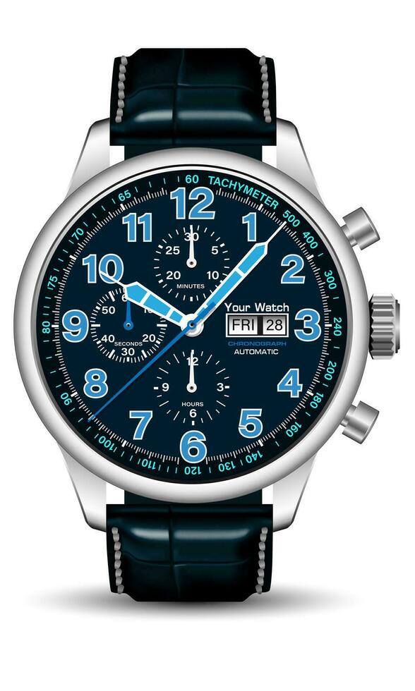 Realistic watch clock chronograph silver blue white arrow number leather strap on isolated design classic luxury vector