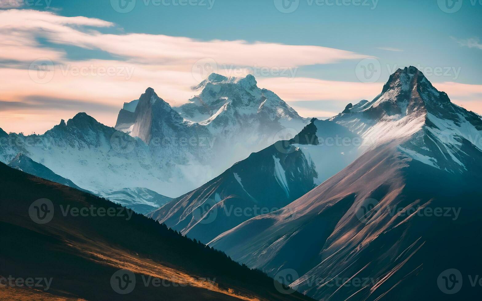 ai generado majestuoso picos velado en de invierno abrazo foto