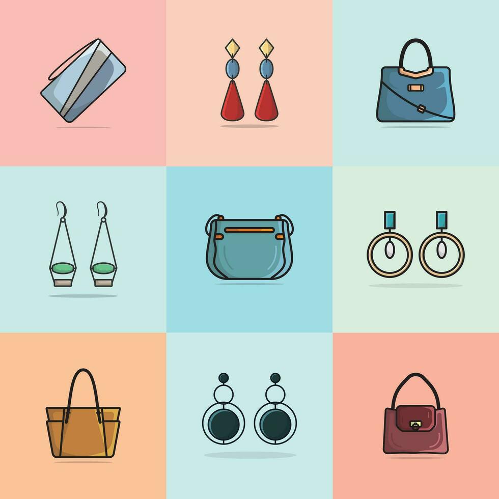 De las mujeres joyería pendientes y muchachas fiesta carteras colección vector ilustración. belleza Moda objetos icono concepto. conjunto de mujer Moda diseño accesorios vector diseño.