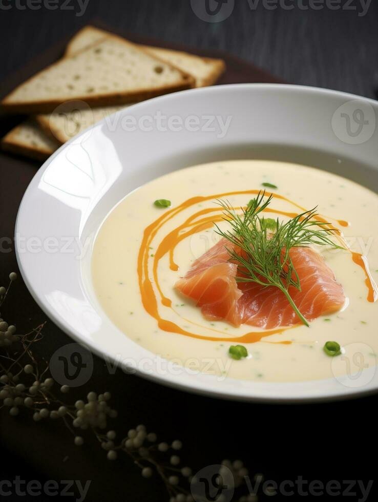 ai generado salmón sopa en blanco plato foto