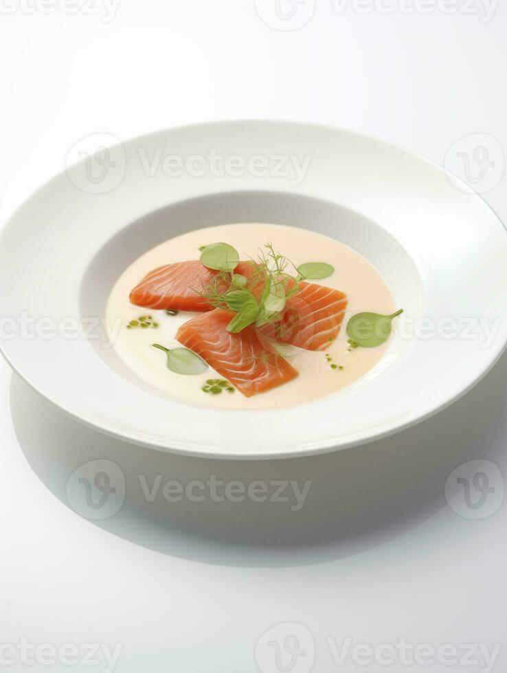 ai generado salmón sopa en blanco plato foto