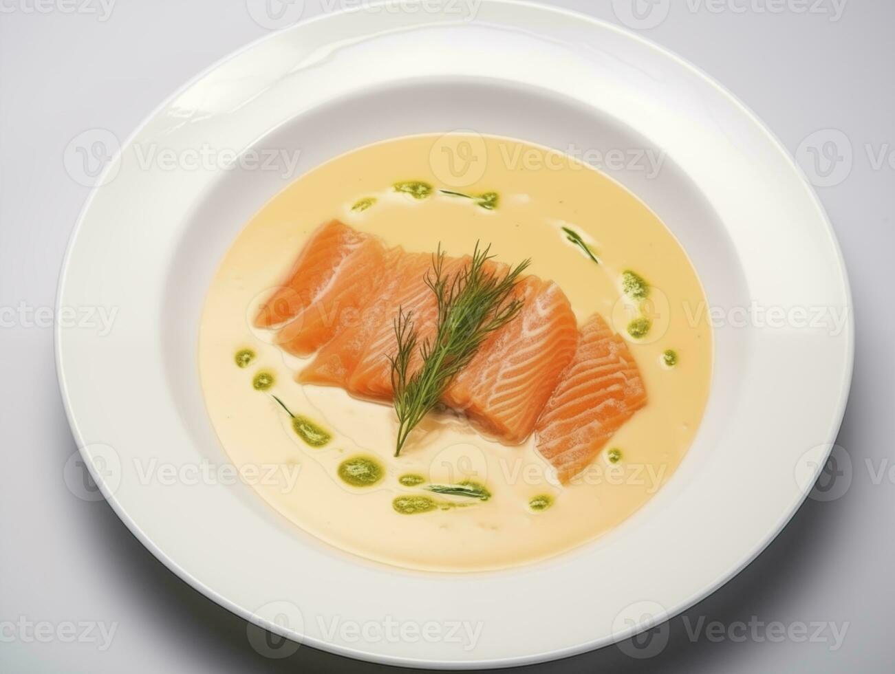 ai generado salmón sopa en blanco plato foto