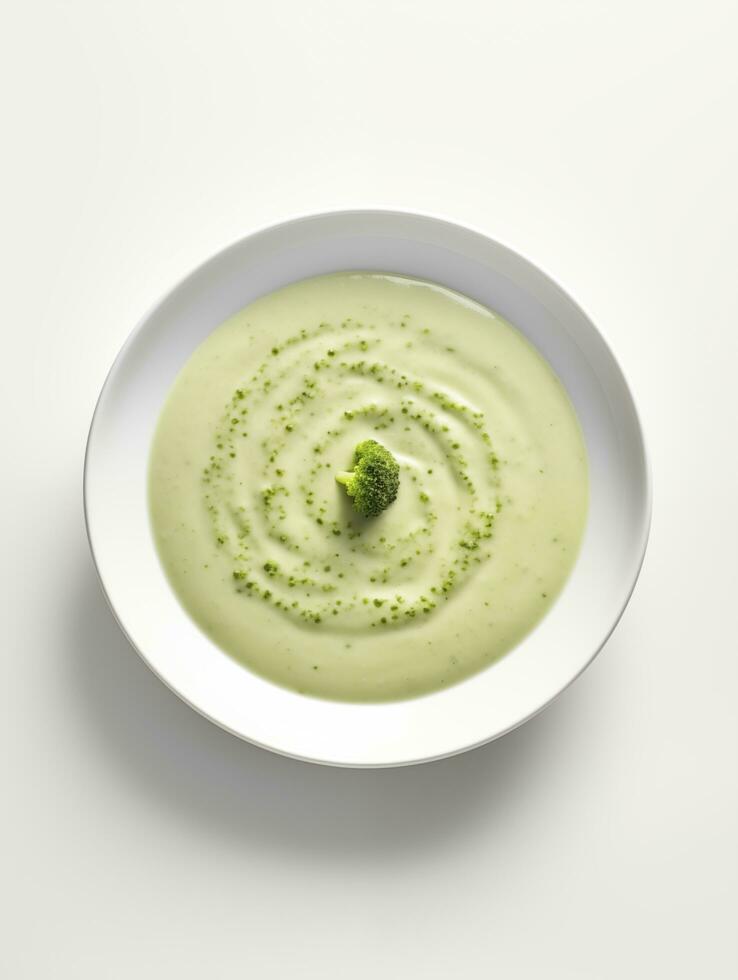 AI generated Broccoli cream soup on a white plate photo